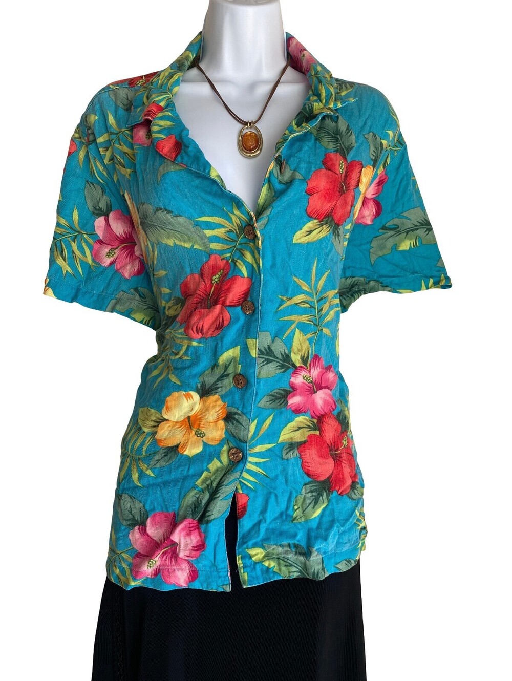 90s VTG La Cabana Plus XL Boho Aqua Floral Hawaiian Button Up Blouse Tropical
